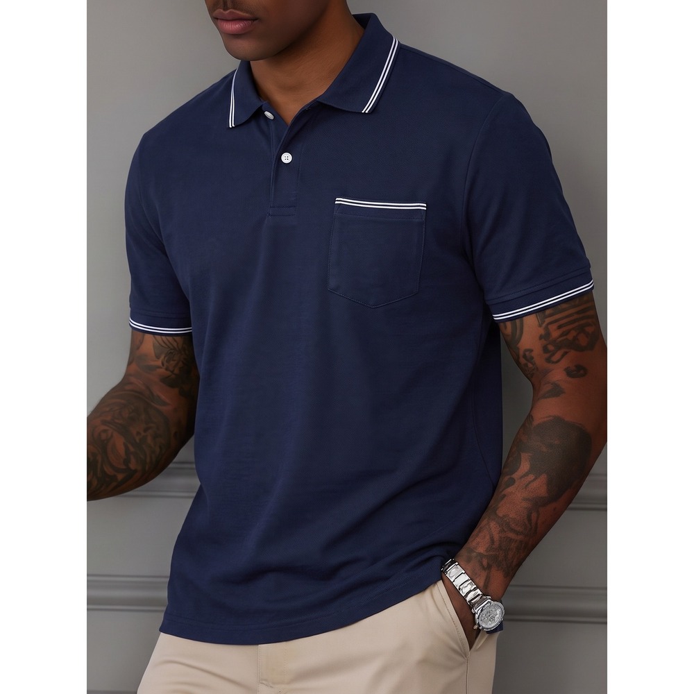 David Taylor Collection Polo Shirt Tipped Pocket Large Navy Blue Cotton Blend